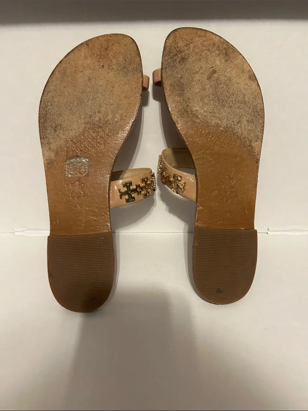 Tory Burch Tan Patent Miller Toe-Ring Sandals with Gold Logo